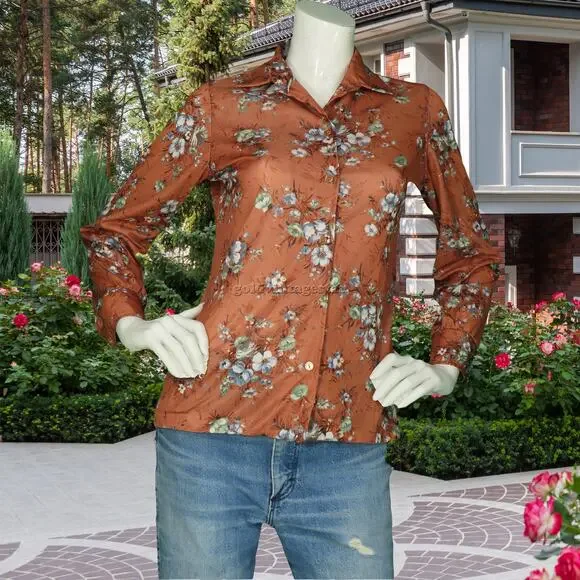 Vintage Rustic Boho Floral Shirt Brown S - Picture 3 of 8